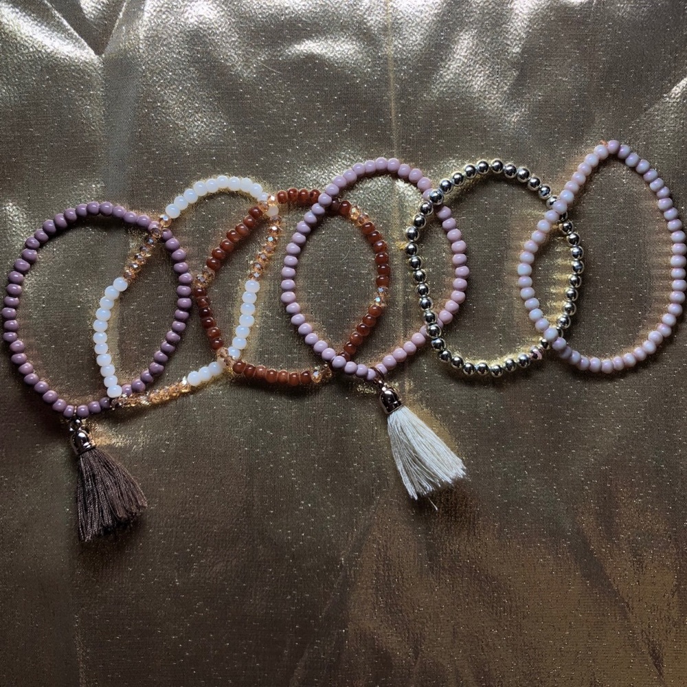 6 Bohemian Faux Pearl Beachy Bracelet Set Purple Gold Tassel Elastic Stretchy